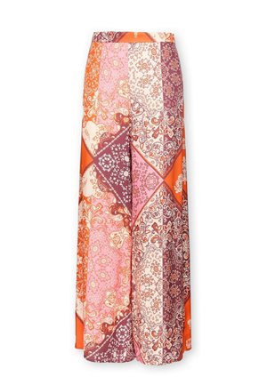 Kalhoty se širokými nohavicemi a vysokým pasem s barevným patchworkovým vzorem v oranžové, růžové, smetanové a bordó paisley.