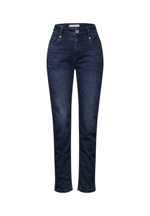 Donkerblauwe denim jeans met een rechte snit, voorzien van een knoopsluiting, vijf zakken en subtiele stikseldetails. Gladde textuur.