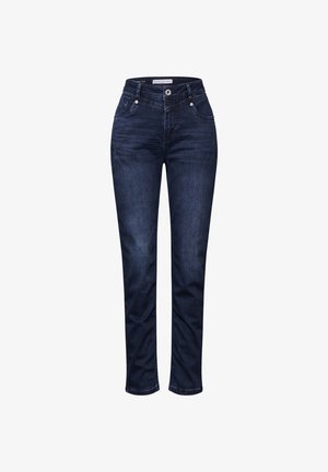 Donkerblauwe denim jeans met een rechte snit, voorzien van een knoopsluiting, vijf zakken en subtiele stikseldetails. Gladde textuur.