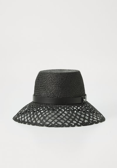 Black woven straw hat with a wide lattice brim, smooth black band, and metallic accent detail. The texture appears breathable and lightweight.