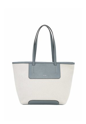 Beige lærredstaske med lysegrå læderhåndtag, kant og bunddetalje, med lille "RUE '09" tekst på frontpanelet.