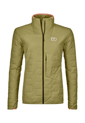 Olive green padded jacket with a high collar, full front zipper, and a distinct quilted pattern; features a contrasting pink interior.