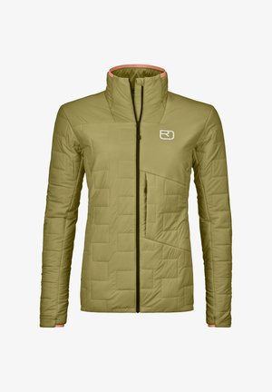 Olive green padded jacket with a high collar, full front zipper, and a distinct quilted pattern; features a contrasting pink interior.