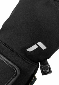 Svart handskar av textil med förstärkt sömnad och logodetalj. Har ett säkerhetsband och GORE-TEX-märkt för vattentät skydd.