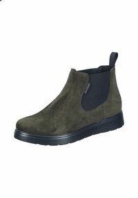 Dunkelgrüne Wildleder Chelsea-Stiefel mit elastischen seitlichen Einsätzen und einer schwarzen Gummisohle. Sie verfügen über eine Zuglasche an der Ferse für einfaches Anziehen.