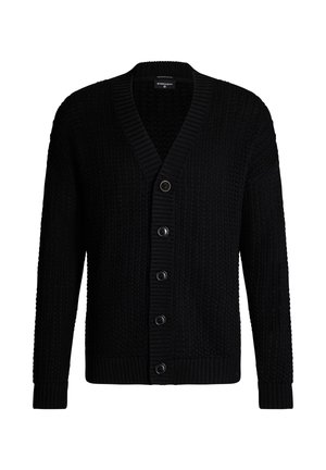 Cardigan nero con un motivo a maglia testurizzato, scollo a V e polsini a costine. Chiusura con cinque bottoni in evidenza di colore scuro.