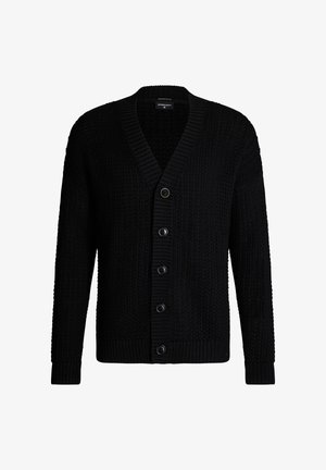 Zwarte cardigan met een gestructureerd breipatroon, V-hals en geribde manchetten. Vijf knoopsluiting met opvallende donkere knopen.