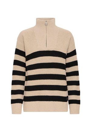Beige- und schwarz gestreifter Pullover mit hohem Kragen und halblangem Reißverschluss, ausgestattet mit gerippter Textur und langen Ärmeln.