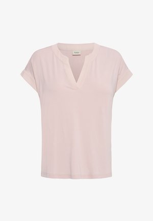 Világos rózsaszín, rövid ujjú blúz V-nyakú és hajtott mandzsettával, puha, sima anyagból készült.