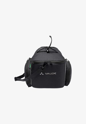 Schwarzer Rucksack mit strukturiertem Äußeren, Reißverschlusstaschen, verstellbaren Riemen und einem auffälligen VAUDE-Logo auf der Vorderseite.