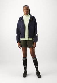 Marinblå zip-up jacka, ljusgrön topp med ståkrage, olivgröna shorts, svarta fotbollssockor med ränder och svarta fotbollsskor. Har logotyp och fickor.