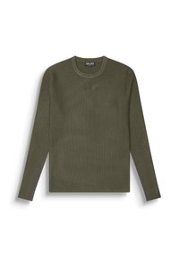 Maglione a maniche lunghe verde oliva a coste con scollo rotondo e un delicato motivo testurizzato sulla parte anteriore e sulle maniche.