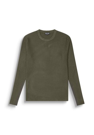 Maglione a maniche lunghe verde oliva a coste con scollo rotondo e un delicato motivo testurizzato sulla parte anteriore e sulle maniche.