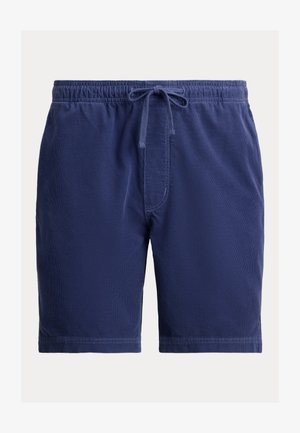 Pantaloncini da uomo blu navy con vita elasticizzata e coulisse, lunghezza al ginocchio, realizzati in tessuto morbido con dettagli di cuciture frontali.