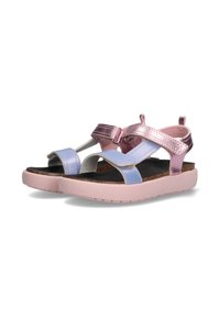 Tweekleurige sandalen met metalen roze en blauwe banden, verstelbare sluitingen, kurken binnenzool en roze zool. Lichtgewicht en open ontwerp.