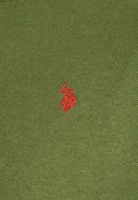 Green knit sweater featuring a red embroidered logo, smooth texture, and a round neckline. Material appears soft and lightweight.