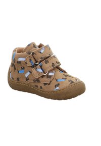 Brown high-top shoe with blue and black dog patterns, featuring two Velcro straps and a textured sole for grip.
