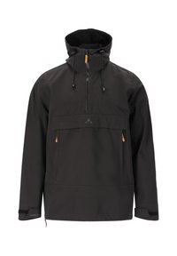 Veste à capuche noire avec fermeture éclair mi-hauteur à l'avant, col montant et cordons de serrage ajustables. Comprend une poche avant et un accent marron sur la fermeture éclair. Tissu texturé.