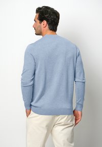 Helles blauer Langarmpullover aus weichem Strickmaterial, mit Rundhalsausschnitt und gerippten Bündchen, kombiniert mit hellen Hosen.