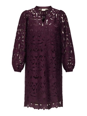 Abito in pizzo viola con maniche lunghe a sbuffo, una piccola scollatura a V, motivi floreali intricati e un orlo smerlato. Tessuto leggero e strutturato.