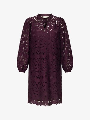 Paarse kanten jurk met lange pofmouwen, een kleine V-hals, verfijnde bloemmotieven en een geschulpte zoom. Lichtgewicht, gestructureerde stof.