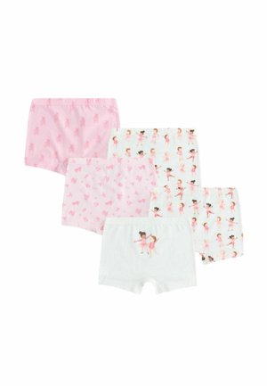Cinque paia di biancheria intima per bambini con stampe di ballerine e scarpette da balletto in colori rosa e bianco disposti a ventaglio.