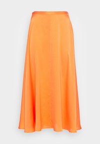 Orangefarbene Satin-Maxirock mit fließendem Schnitt, glatter Textur und subtiler Glanz. Verfügt über einen einfachen Taillenbund und keine sichtbaren Verschlüsse.