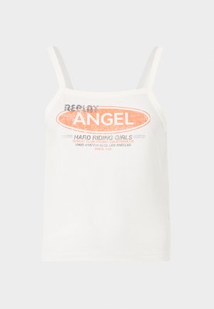 Débardeur blanc à fines bretelles avec les inscriptions "Replay Angel" et "Hard Riding Girls" en orange et noir sur le devant.