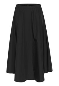 Svart A-linjeformad kjol med elastisk midja, tillverkad av ett mjukt, lätt tyg och i knälång längd. Enkel design utan synliga mönster.