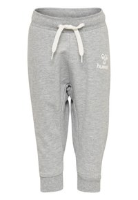 Grå sweatshirtbyxor med elastisk midja, dekorativ dragsko, sidofickor och en liten vit logotyp på vänstra låret. Mjukt, texturerat tyg.