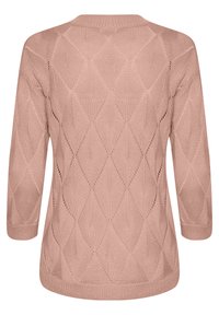 Staubrosa gestrickte Sweater mit rautenförmigem Lochmuster, geripptem Rundhalsausschnitt, Bündchen und Saum, mit dreiviertellangen Ärmeln.