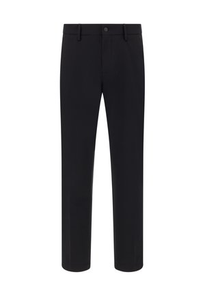 Pantaloni neri con vestibilità dritta, realizzati in tessuto liscio; presentano passanti per cintura, chiusura a bottone e un design minimalista.
