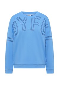 Jasnoniebieska bluza z miękkiego materiału. Na przodzie duży napis "DYFU" w ciemniejszym odcieniu niebieskiego, z poziomymi paskami przy rękawach i na dole.