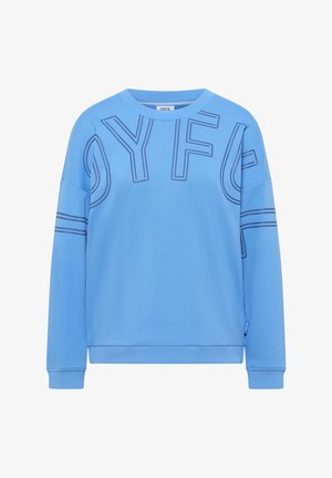 Světle modrá mikina z měkké látky. Zdobí ji velký nápis "DYFU" v tmavší modré, s horizontálními pruhy u rukávů a spodní části.