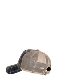 Casquette de baseball avec un motif à carreaux bleu foncé et beige, équipée d'un dos en maille et d'une sangle ajustable pour un meilleur ajustement. Construction en tissu texturé.