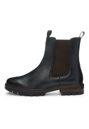 Schwarzer Chelsea-Stiefel aus Leder mit elastischen Seitenpaneelen, Zuglaschen, grobstolliger Sohle und niedrigem Absatz.