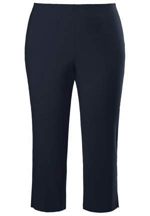 Pantalons capri bleu marine fabriqués à partir d'un tissu lisse et léger. Dotés d'une taille élastique et de poches latérales pour plus de commodité.