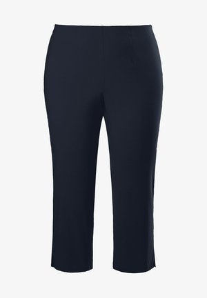 Navyblauwe capri-broek gemaakt van een gladde, lichte stof. Bevat een elastische tailleband en zijzakken voor extra gemak.