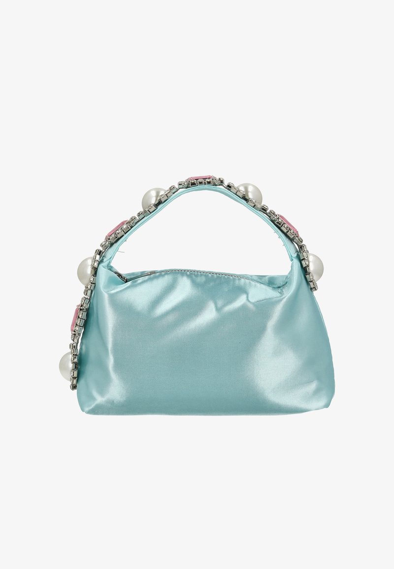 Mintgrøn satin taske med en struktureret form, prydet med perler og lyserøde ædelstensdetaljer langs den øverste kant samt et kort håndtag.