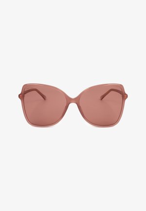 Occhiali da sole quadrati oversize con bordi arrotondati in montatura rosa tenue traslucida e lenti colorate abbinate.