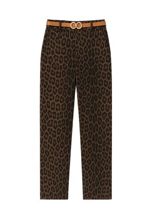 Brune leopardprintede bukser med lige ben og tan-farvet bælte med dobbelt ring spænde i taljen.