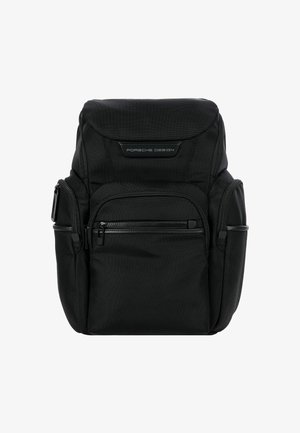 Sac à dos noir en nylon texturé, avec plusieurs poches zippées, des bretelles ajustables et un logo Porsche Design bien visible à l'avant.