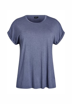 Blue short-sleeve T-shirt with a round neckline, made from a soft fabric. Features rolled cuffs and a relaxed fit.