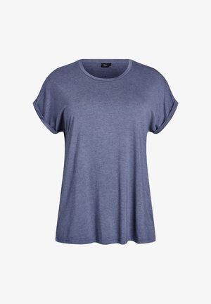 Blue short-sleeve T-shirt with a round neckline, made from a soft fabric. Features rolled cuffs and a relaxed fit.