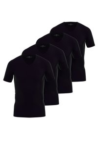 Quatre T-shirts noirs à col en V, à manches courtes, en tissu doux. Texture lisse avec une coupe classique, affichant un design simple et sans logos visibles.