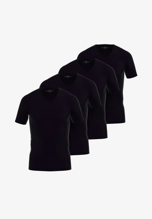 Vier schwarze V-Auschnitt T-Shirts, kurzärmlig, aus weichem Stoff. Glatte Textur mit einem klassischen Schnitt, einfaches Design ohne sichtbare Logos.