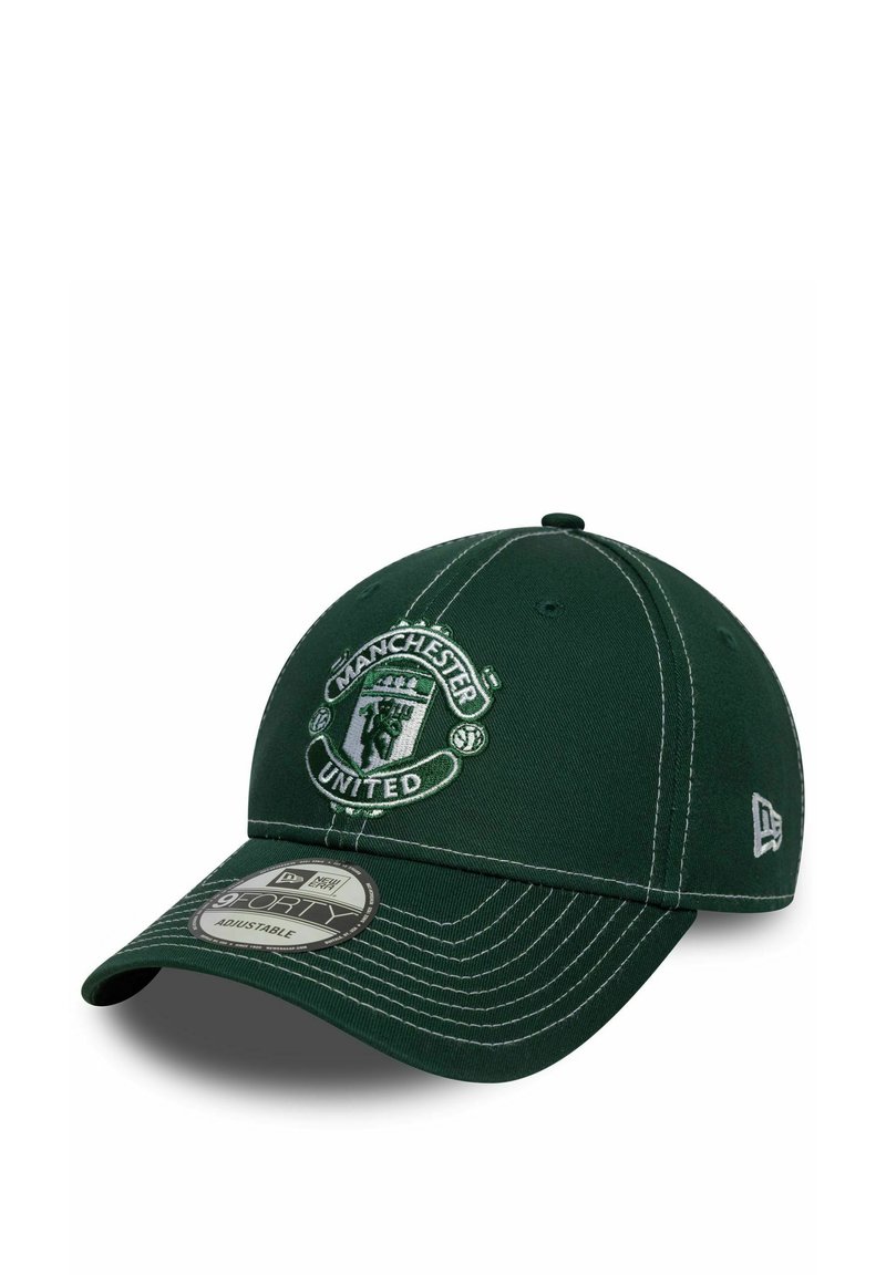 Grüne Baseballmütze mit dem Manchester United-Logo, in Weiß gestickt. Strukturiertes Design mit gebogenem Schirm und verstellbarem Riemen.