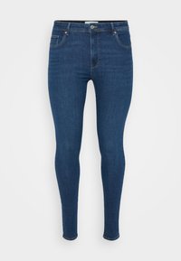 Dark blue skinny jeans, made of denim, featuring a classic five-pocket design, flat front, and a metal button closure at the waist.