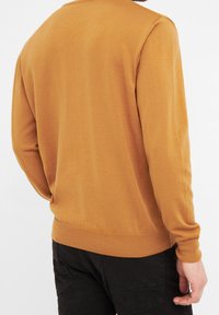 Langärmliger Pullover in Senfgelb, hergestellt aus einem weichen Strickstoff. Verfügt über einen Rundhalsausschnitt sowie gerippte Bündchen und Saum.