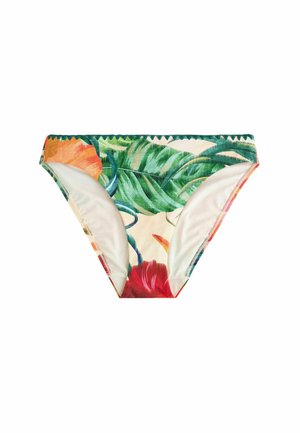 Damen-Bikinihose mit tropischem Blumenmuster in Grün, Orange und Rot auf cremefarbenem Hintergrund, mit gewelltem Bund.